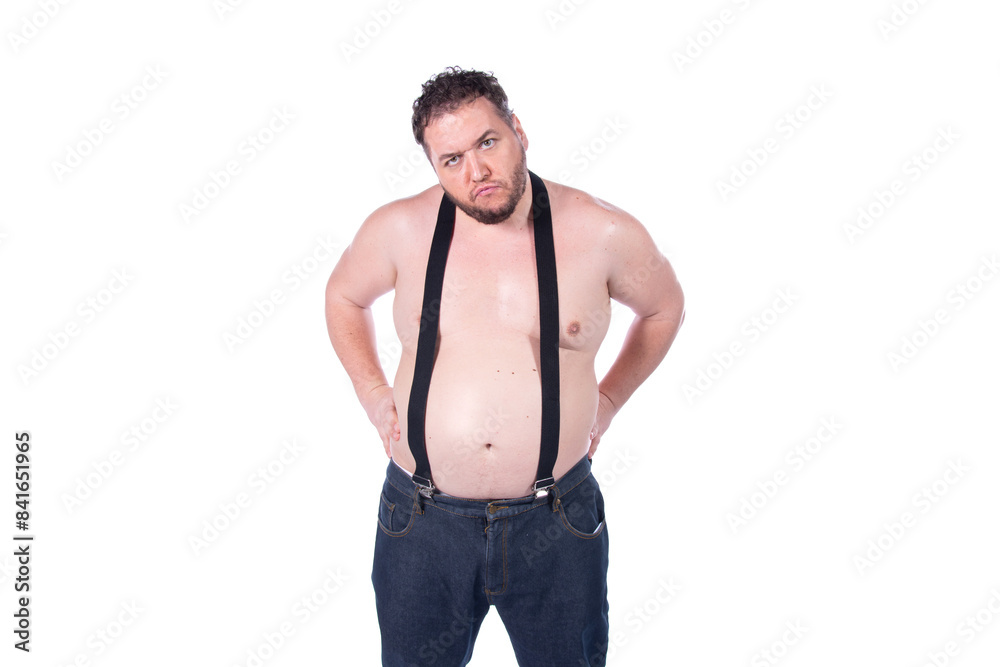 Fototapeta premium Funny fat man on a diet. White background.