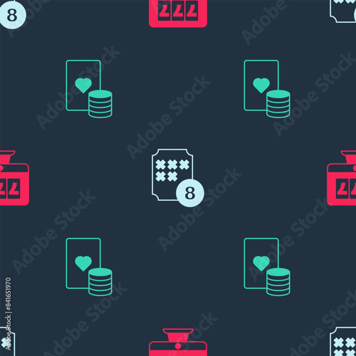 Set Online slot machine with jackpot, Lottery ball on bingo card and Casino chip and playing cards on seamless pattern. Vector