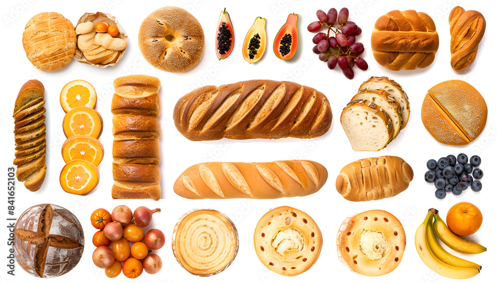 Set of frames of baked bread products, fruits and vegetables isolated on white background Set of frames of baked bread products, fruits and vegetables isolated on white background