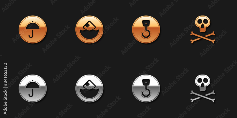 Set Delivery package with umbrella, Carton cardboard box, Industrial hook and Bones and skull warning icon. Vector Set Delivery package with umbrella, Carton cardboard box, Industrial hook and Bones and skull warning icon. Vector