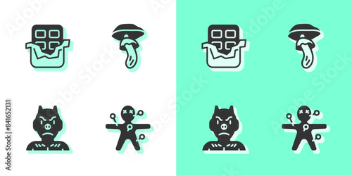 Set Voodoo doll, Chocolate bar, Krampus, heck and Psilocybin mushroom icon. Vector photo