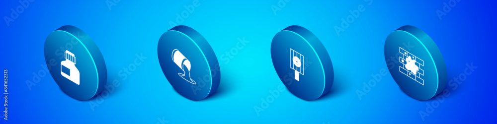 Set Isometric Paint, gouache, jar, dye, Spray can nozzle cap, Painting the house and bucket icon. Vector Set Isometric Paint, gouache, jar, dye, Spray can nozzle cap, Painting the house and bucket icon. Vector