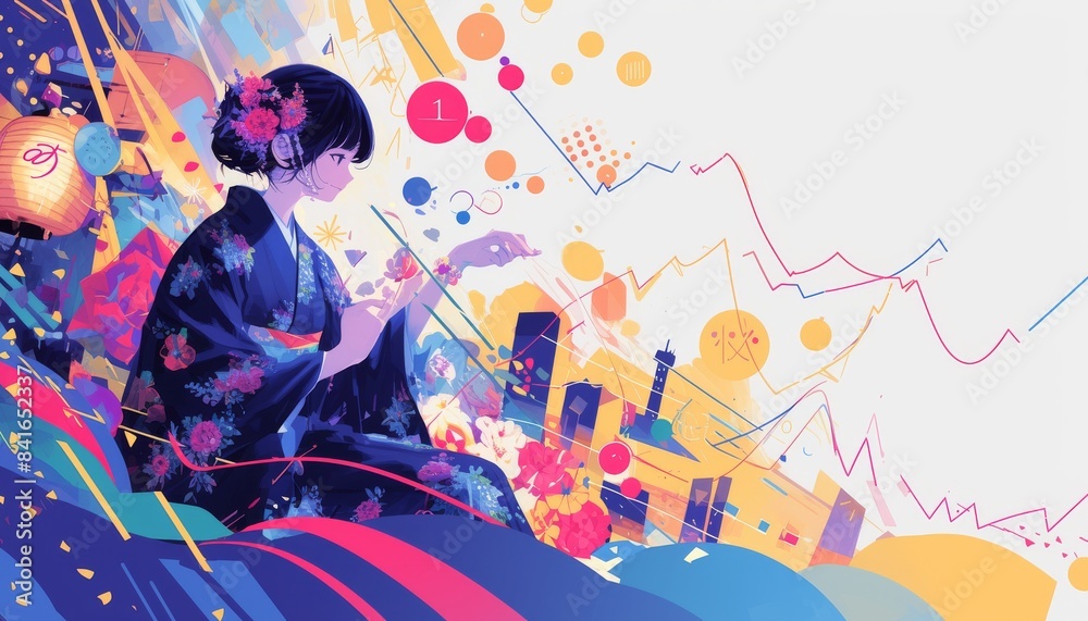 Obraz premium Japanese anime girl in a yukata at a festival, stock market chart in the background, vibrant colors, isolated on white background, copy space