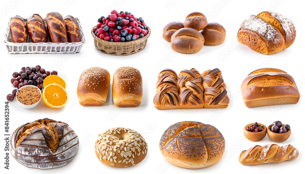 Set of frames of baked bread products, fruits and vegetables isolated on white background Set of frames of baked bread products, fruits and vegetables isolated on white background