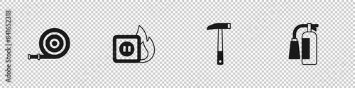 Set Fire hose reel, Electric wiring of socket in fire, Firefighter axe and extinguisher icon. Vector