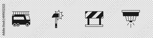 Set Fire truck, Firefighter axe, Road barrier and Smoke alarm system icon. Vector