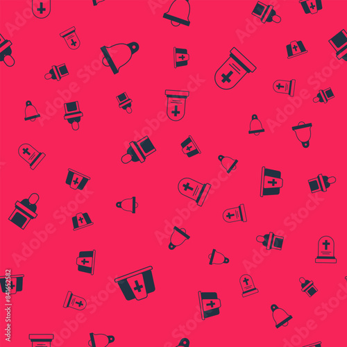 Set Pope hat, Church bell, pastor preaching and Grave with tombstone on seamless pattern. Vector