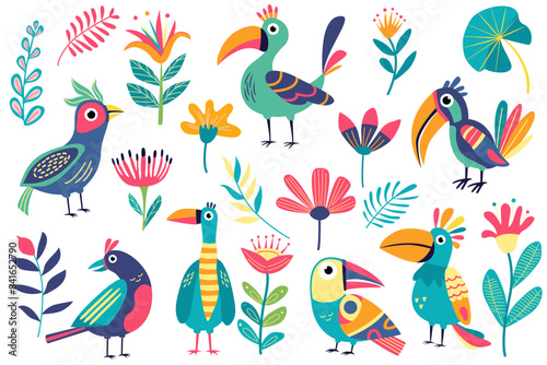 Set with funny bright exotic tropical fantasy birds and flowers. Vector illustration in flat style. Decorative folklore elements. 