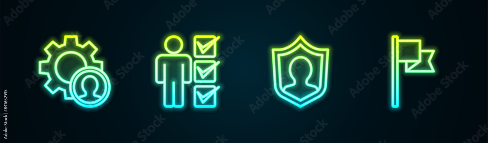 Set line Head hunting, User of man business suit, protection and Location marker. Glowing neon icon. Vector Set line Head hunting, User of man business suit, protection and Location marker. Glowing neon icon. Vector