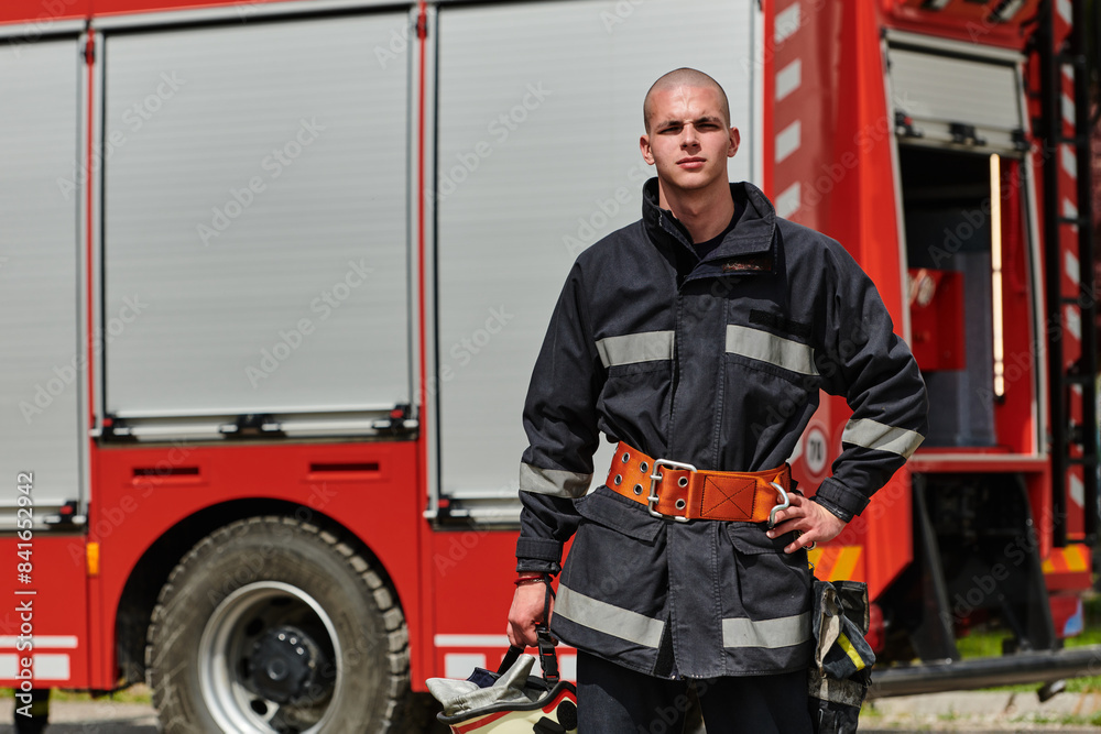 Firefighter Stands Proudly with Professional Gear Beside Fire Truck After Intense Training Firefighter Stands Proudly with Professional Gear Beside Fire Truck After Intense Training