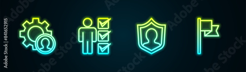 Set line Head hunting, User of man business suit, protection and Location marker. Glowing neon icon. Vector