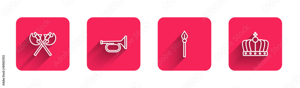 Set line Crossed medieval axes, Trumpet, Medieval spear and King crown with long shadow. Red square button. Vector Set line Crossed medieval axes, Trumpet, Medieval spear and King crown with long shadow. Red square button. Vector