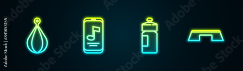 Set line Punching bag, Music player, Fitness shaker and Step platform. Glowing neon icon. Vector