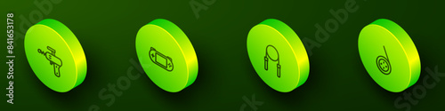 Set Isometric line Ray gun, Portable video game console, Jump rope and Yoyo toy icon. Vector