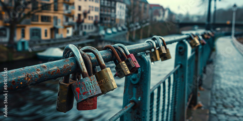 Symbolic love padlocks on bridge in Wroclaw Poland with blur background 