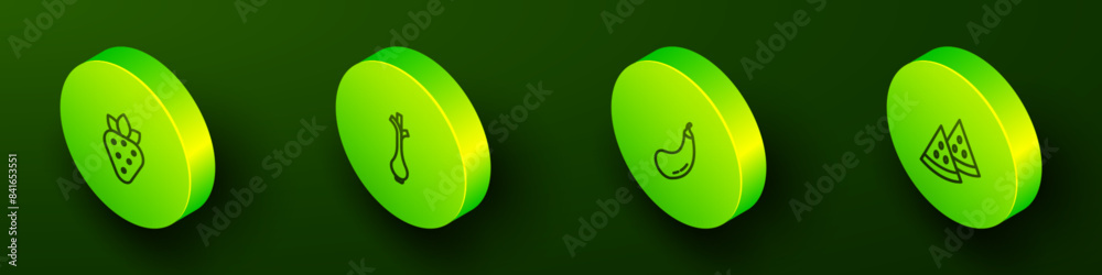 Set Isometric line Strawberry, Fresh green onions, Eggplant and Watermelon icon. Vector Set Isometric line Strawberry, Fresh green onions, Eggplant and Watermelon icon. Vector
