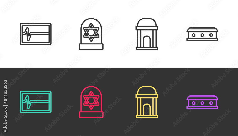 Set line Beat dead in monitor, Grave with star of david, Old crypt and Coffin cross on black and white. Vector Set line Beat dead in monitor, Grave with star of david, Old crypt and Coffin cross on black and white. Vector