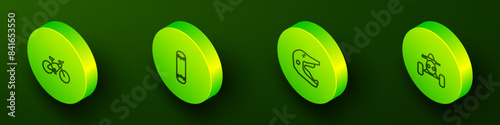 Set Isometric line Bicycle, Skateboard trick, Motocross motorcycle helmet and ATV icon. Vector