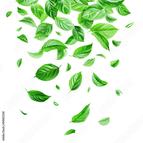 Green leaves fly with a gust of wind isolated on transparent png
