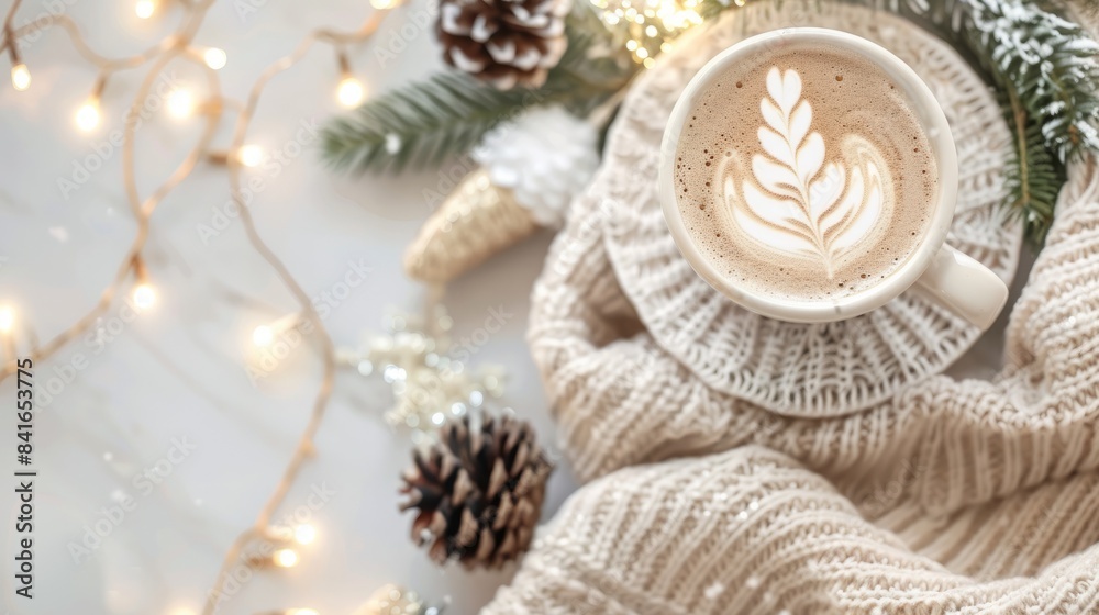 A coffee cappuccino with winter decoration, christmas background A coffee cappuccino with winter decoration, christmas background