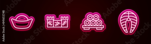Set line Sushi, Great wall of China, on cutting board and Fish steak. Glowing neon icon. Vector