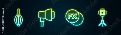 Set line Dust blower, Softbox light, Photo camera fx and . Glowing neon icon. Vector