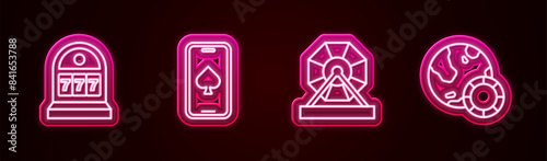Set line Slot machine with jackpot, Online poker table game, Lottery and Casino chips. Glowing neon icon. Vector