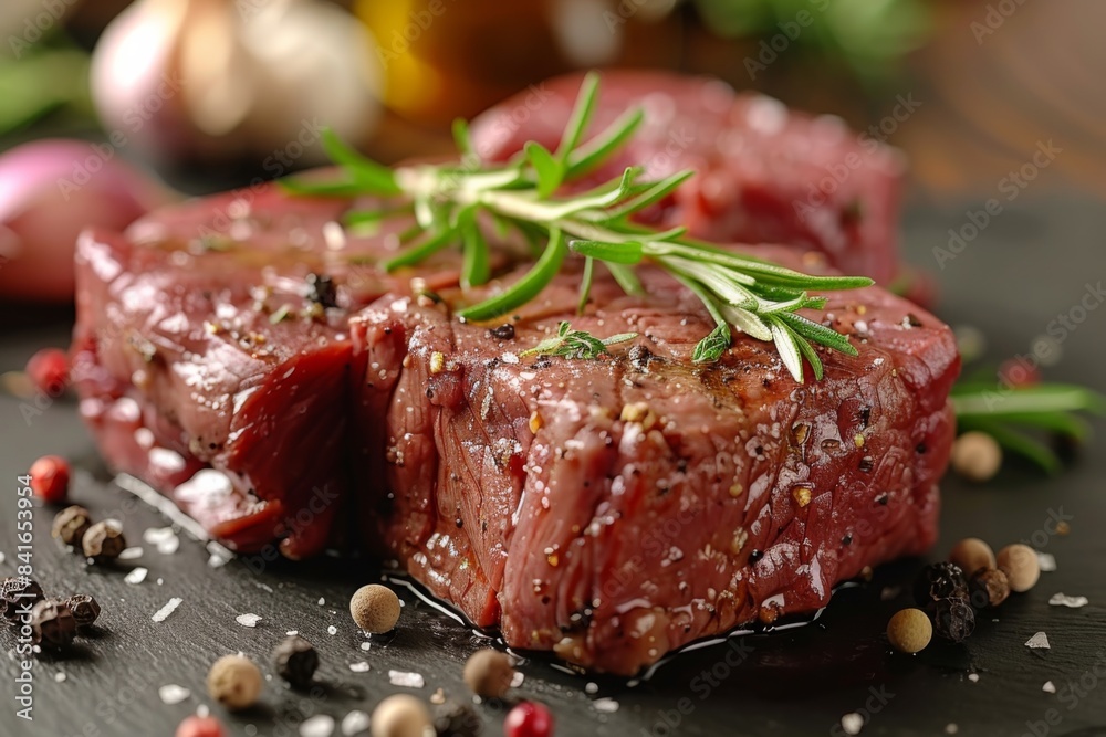 Raw Beef Steak with Rosemary and Spices