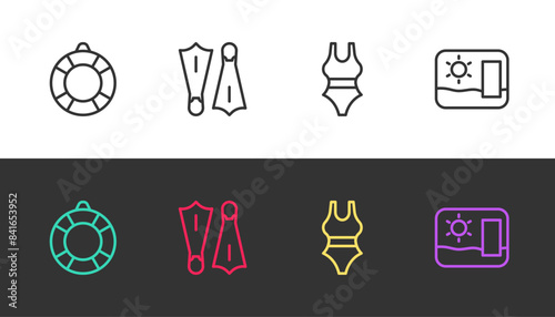 Set line Lifebuoy, Rubber flippers for swimming, Swimsuit and Travel postcard on black and white. Vector