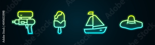 Set line Water gun, Ice cream, Yacht sailboat and Elegant women hat. Glowing neon icon. Vector