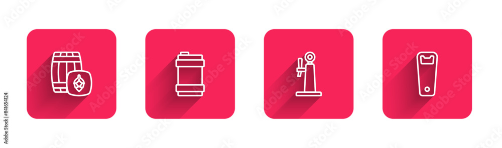 Set line Wooden barrel, Metal beer keg, Beer tap and Bottle opener with long shadow. Red square button. Vector Set line Wooden barrel, Metal beer keg, Beer tap and Bottle opener with long shadow. Red square button. Vector