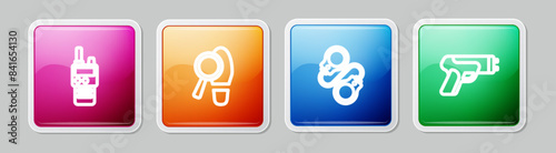 Set line Walkie talkie, Footsteps, Handcuffs and Police electric shocker. Colorful square button. Vector
