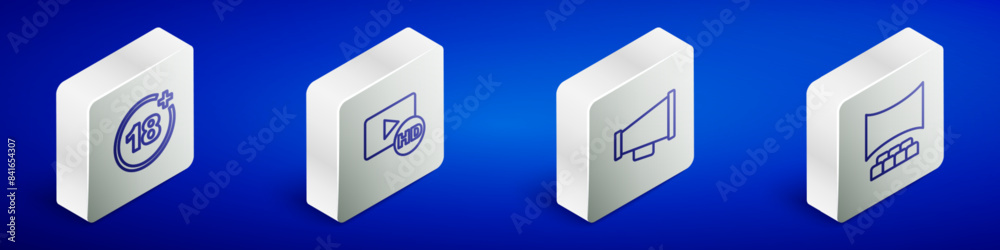 Set Isometric line Plus 18 movie, Hd movie, tape, frame, Megaphone and Cinema auditorium with screen icon. Vector Set Isometric line Plus 18 movie, Hd movie, tape, frame, Megaphone and Cinema auditorium with screen icon. Vector