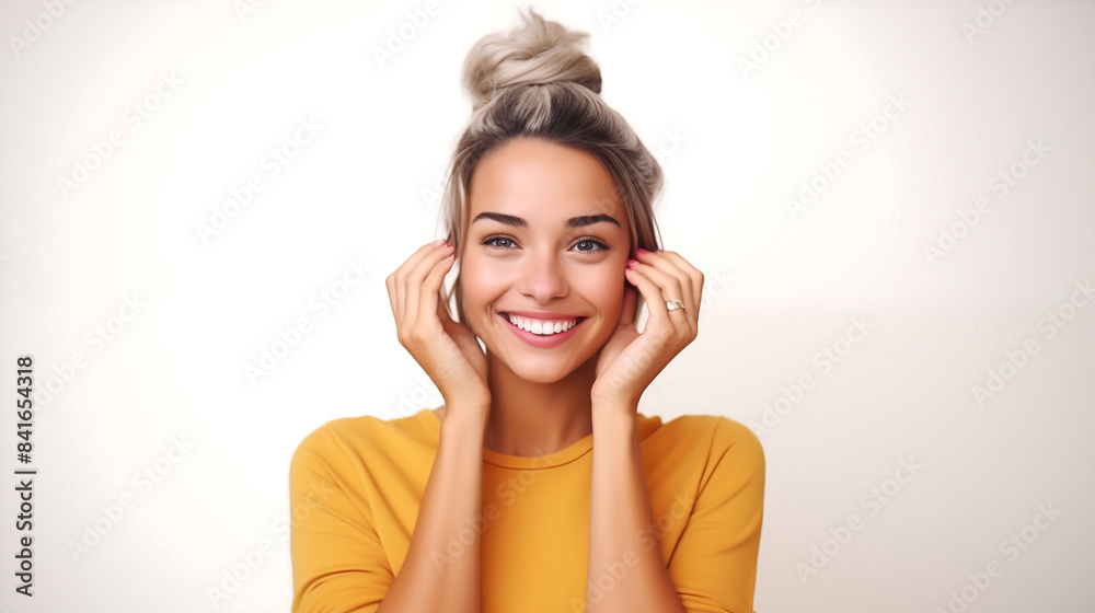 A cheerful millennial female smiling with hands on her head, isolated on white, looking directly at the camera, with a solid colored background