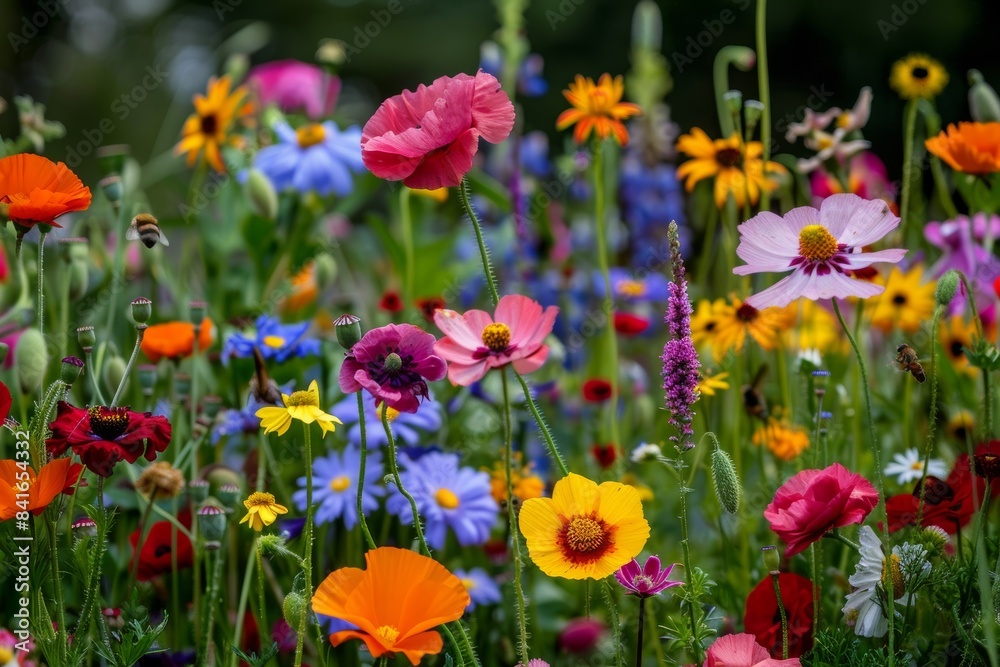 Colorful Flower Garden with Poppies, Daisies, Sunflowers, Bees, and Butterflies Colorful Flower Garden with Poppies, Daisies, Sunflowers, Bees, and Butterflies