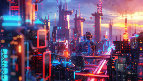 A cityscape with neon lights and tall buildings