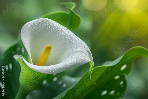 Close-up shot of a fresh calla lily with dewdrops on its petals, set before a dreamy, green bokeh backdrop