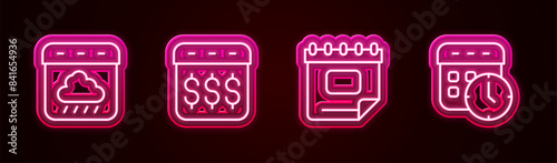 Set line Calendar autumn, Payday, calendar with dollar, and and clock. Glowing neon icon. Vector