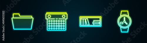 Set line Document folder, Calendar, Shelf with books and Wrist watch. Glowing neon icon. Vector