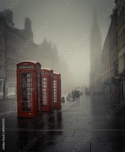 Image of Edinburgh's Royal Mile on a very grey and foggy day, with three british red phone boxes in the foreground