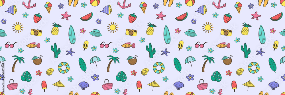 Obraz premium Creative cartoon summer seamless pattern. Holiday background with hand drawn elements. Vector illustration