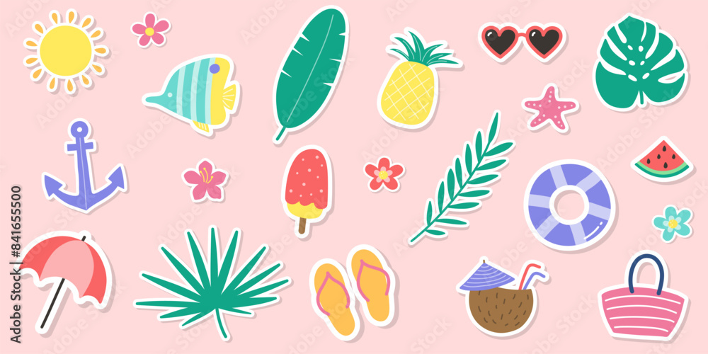 Set with cartoon summer stickers. Design with colourful icons. Vector illustration Set with cartoon summer stickers. Design with colourful icons. Vector illustration