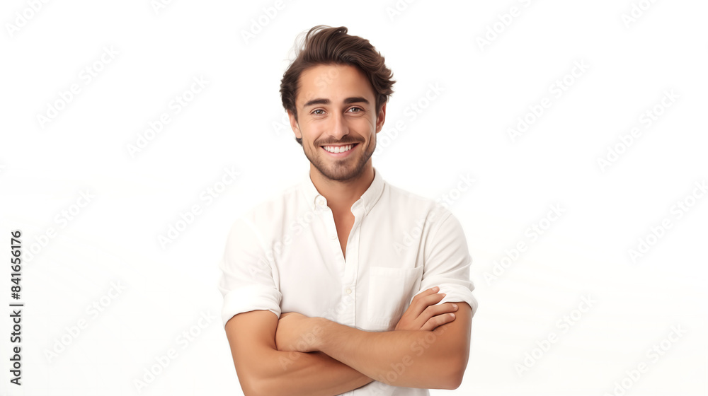 A happy millennial man posing with folded arms, smiling and looking at the camera, isolated on a white background with a solid colored background A happy millennial man posing with folded arms, smiling and looking at the camera, isolated on a white background with a solid colored background