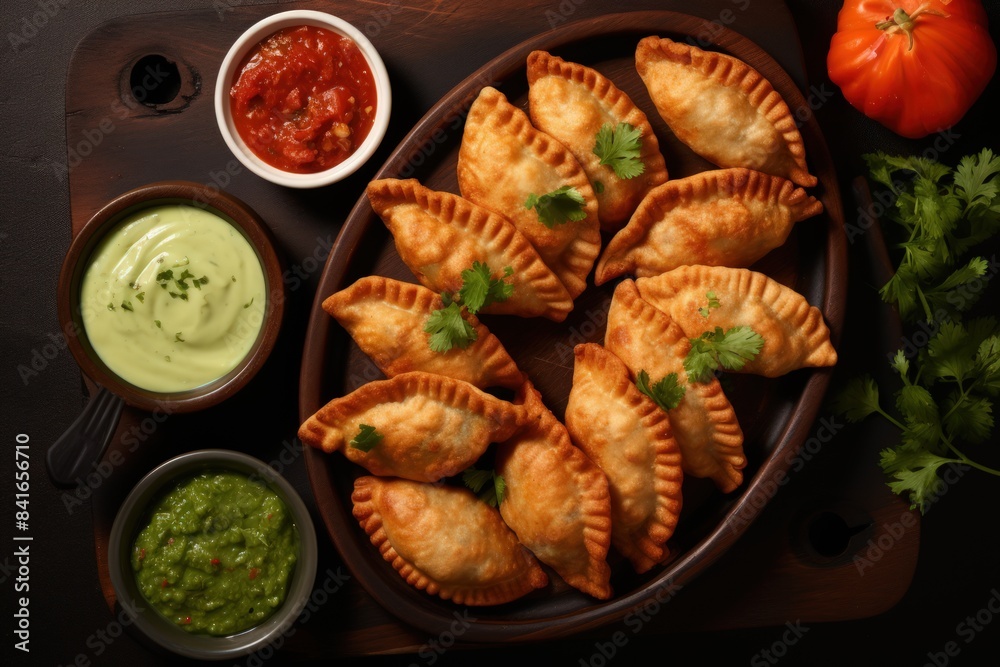 A plate of fried food with a green sauce and a red sauce A plate of fried food with a green sauce and a red sauce