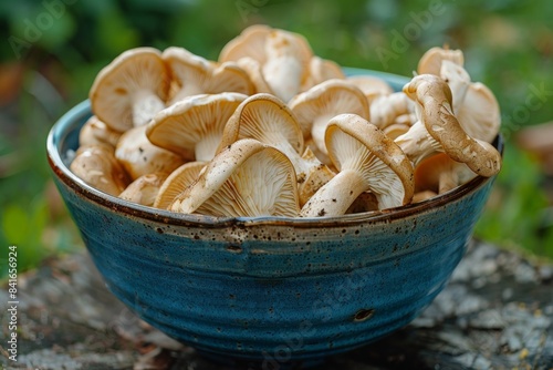 Fresh Wild Mushrooms in Blue Ceramic Bowl