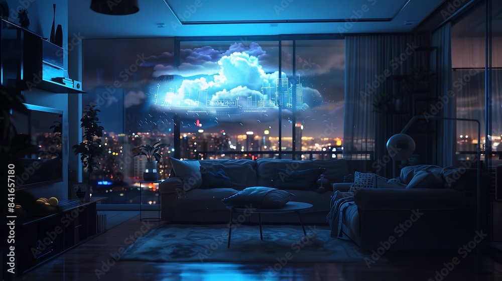A holographic weather forecast being viewed in a living room