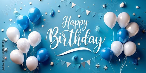 Happy Birthday written with beautiful white letters on a plain blue background with festive balloons in the corner