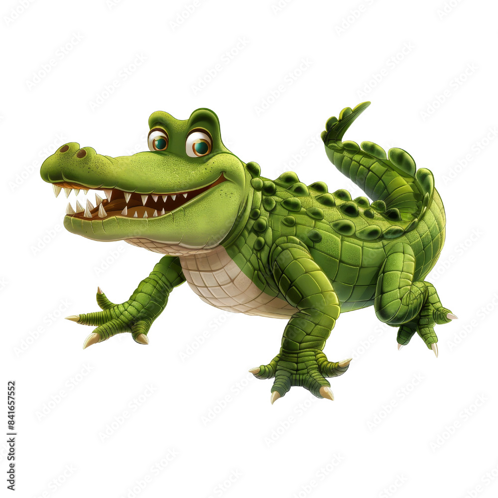 Cartoon illustration of a friendly green crocodile with big eyes and a playful expression, perfect for children's books or educational materials.