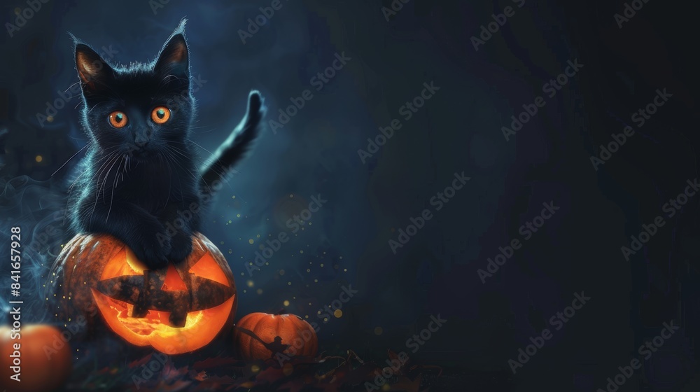 Mysterious Halloween Banner with Black Cat and Pumpkins under Moonlight for Design Use Mysterious Halloween Banner with Black Cat and Pumpkins under Moonlight for Design Use