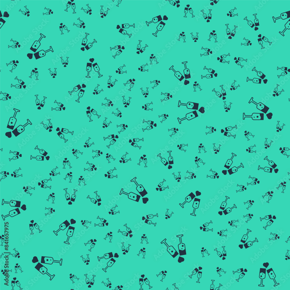 Black Glass of champagne icon isolated seamless pattern on green background. Happy Valentines day. Vector